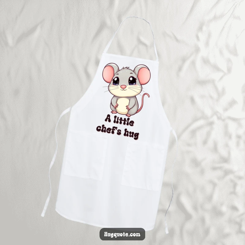 Funny mouse apron showing a kawaii mouse with big eyes peeking out, inviting a hug, adding a cute and humorous touch to any kitchen activity.