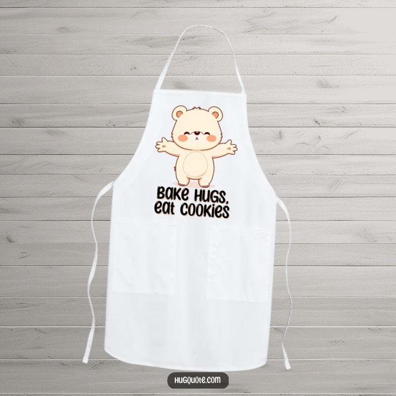 Funny apron showcasing a fluffy bear character with open arms, ready to offer a big, warm hug while you cook.