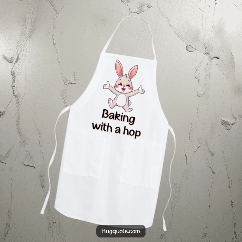 Funny apron featuring a bunny character leaping enthusiastically with open arms, ready to give a cheerful hug.