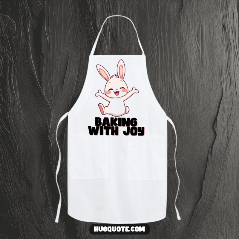 Funny apron showcasing a cute bunny character joyfully leaping into an embrace, perfect for adding cheer to kitchen tasks.