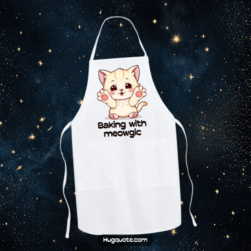 Funny apron featuring a playful kitten character reaching out with paws, inviting a warm hug.