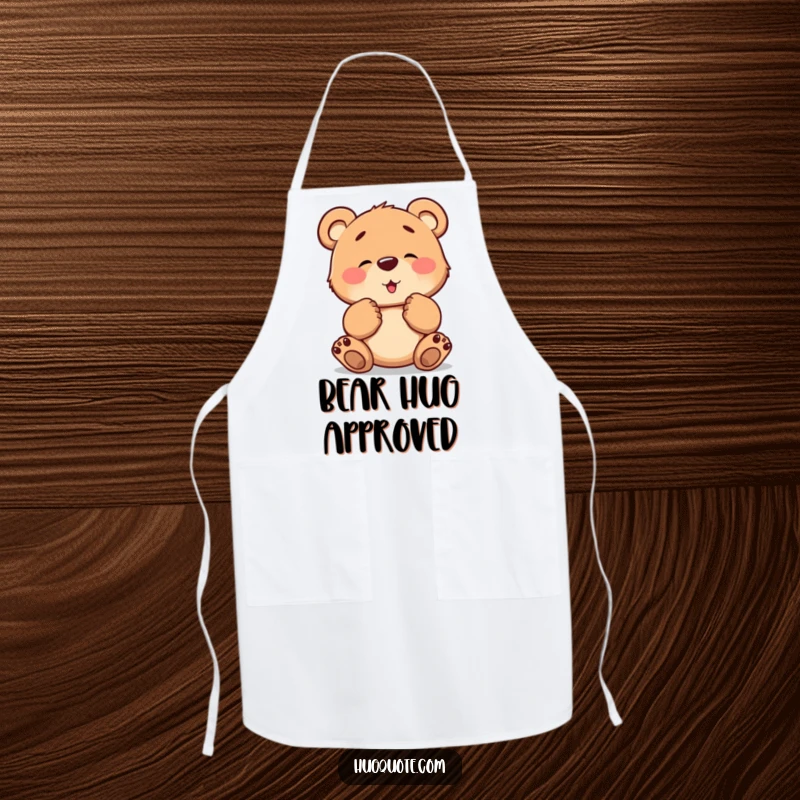 Funny apron featuring a brave bear cub character tentatively extending its paws, offering a warm and inviting hug.