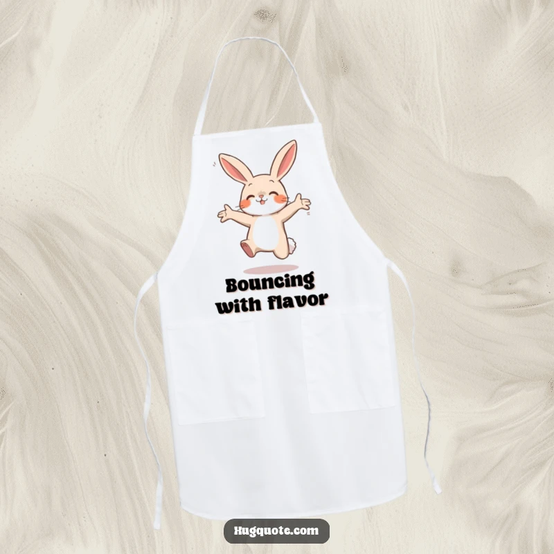 Funny apron featuring a small bunny character leaping with open arms, designed for cheerful kitchen activities and humor.