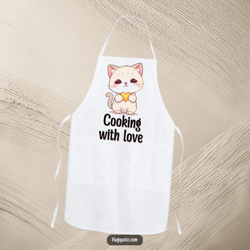 Funny apron featuring a shy cat character offering a tiny, glowing heart, designed for sweet kitchen moments and gentle humor.
