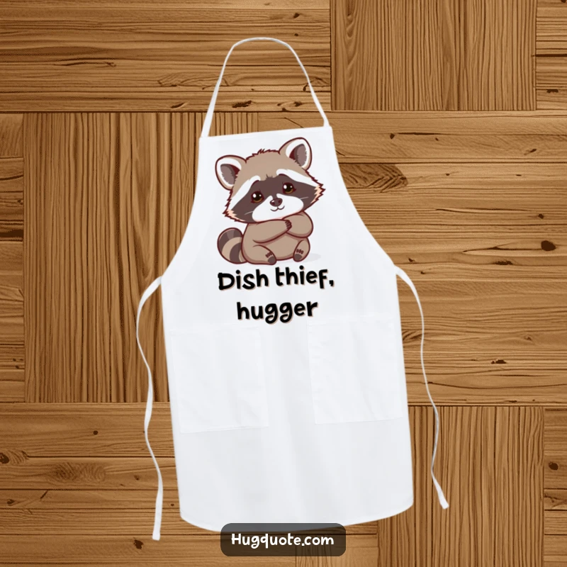 Funny Raccoon Apron featuring a curious raccoon peeking from behind a hug, ideal for kitchen fun and gifting.