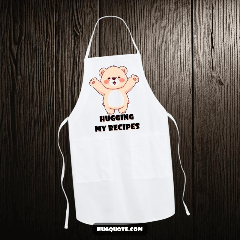 Funny apron featuring a fluffy bear character enthusiastically hugging empty air, designed for kitchen fun and laughter.
