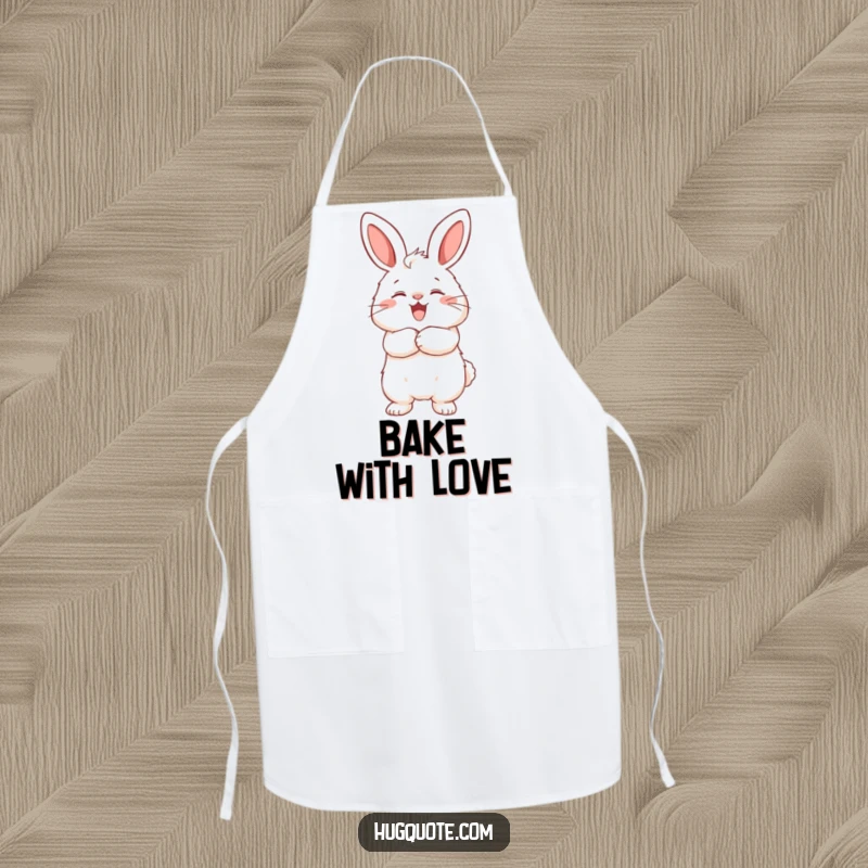 Funny apron showcasing a fluffy bunny character joyfully hugging an unseen friend, perfect for kitchen fun and kindness.