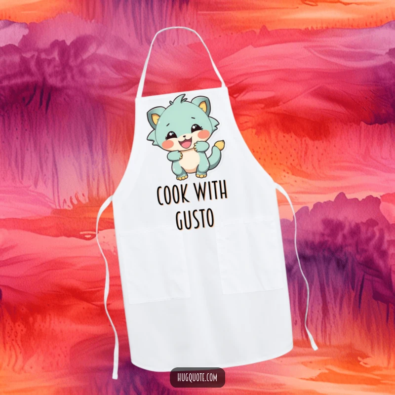 Funny apron depicting a creature in a playful, energetic embrace, perfect for bringing enthusiasm to the kitchen.
