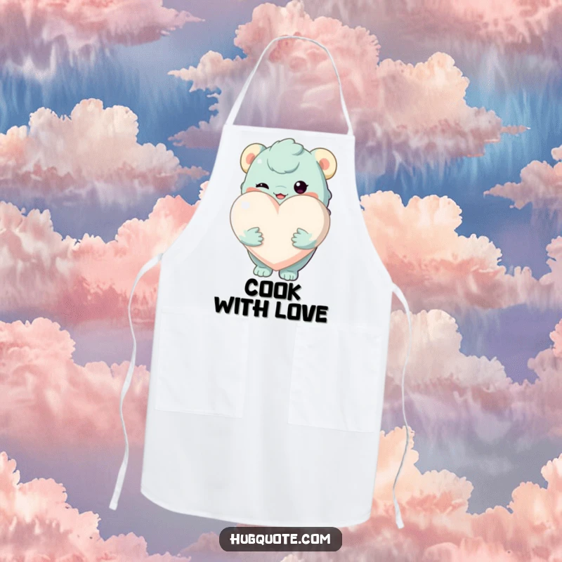 Funny apron featuring a creature holding a large, soft heart, perfect for cooking with love and care.