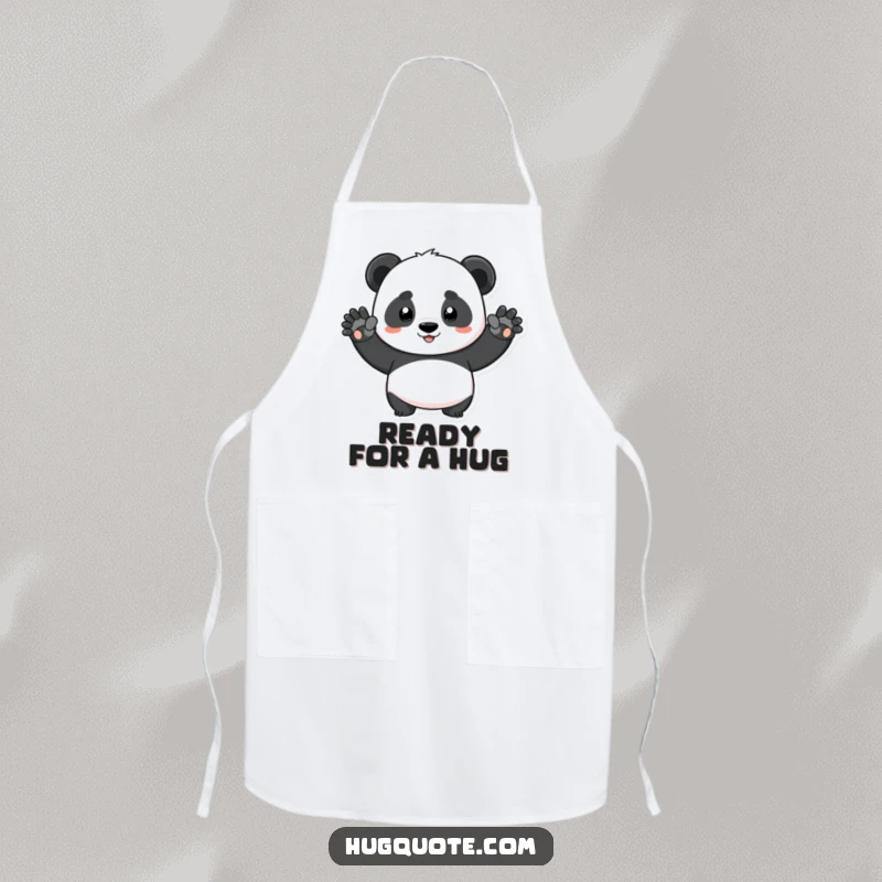 Funny determined panda character stretching arms for a big squeeze on an apron, perfect for humorous kitchen activities.