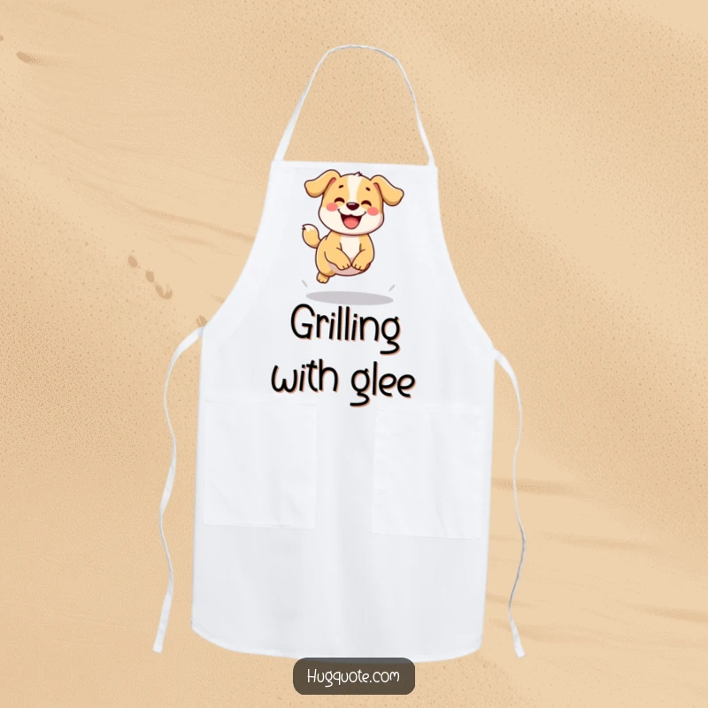 Funny apron featuring a happy dog character wagging its tail and attempting a small jump, designed for cheerful kitchen activities.