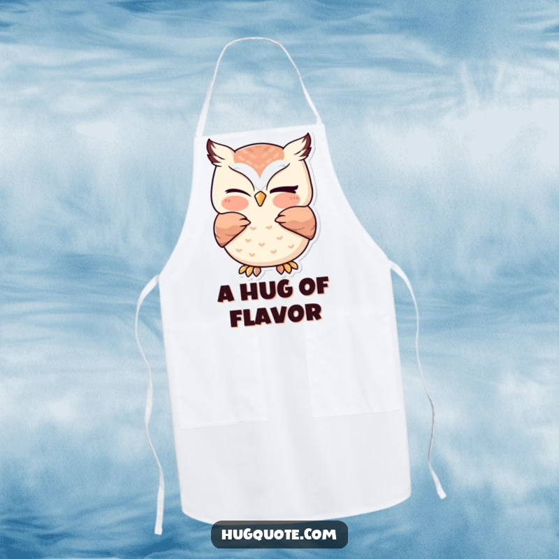Funny owl apron showing a kawaii owl giving a gentle hug with a wink, adding a cute and humorous touch to any kitchen activity.