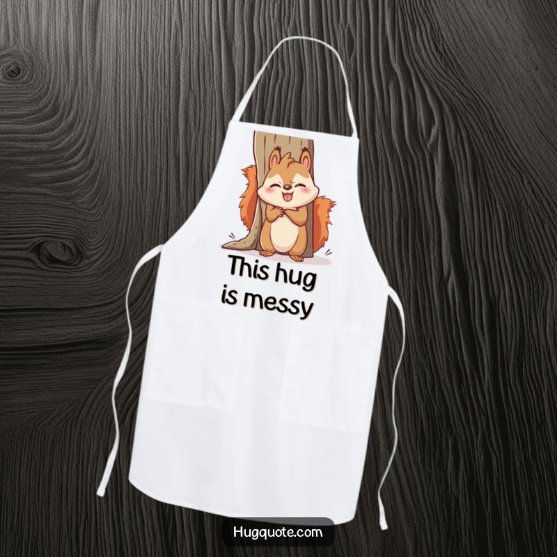 Funny squirrel apron showing a kawaii squirrel comically trying to hug a big object, hilariously failing with adorable effort in the kitchen.