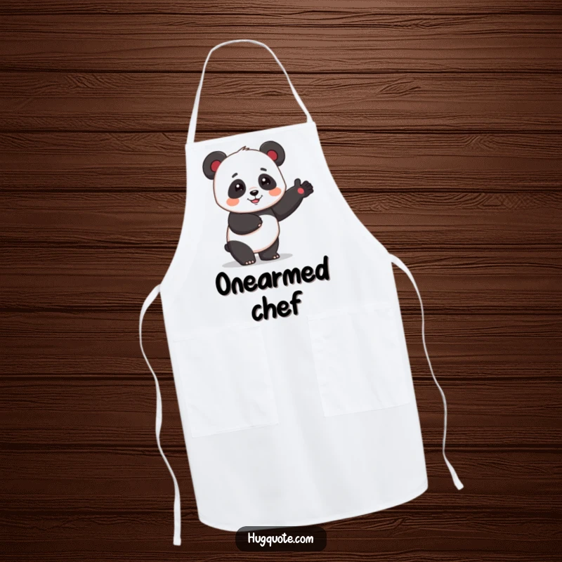 Funny panda character giving a welcoming one-armed hug on an apron, bringing cartoon cuteness to the kitchen.