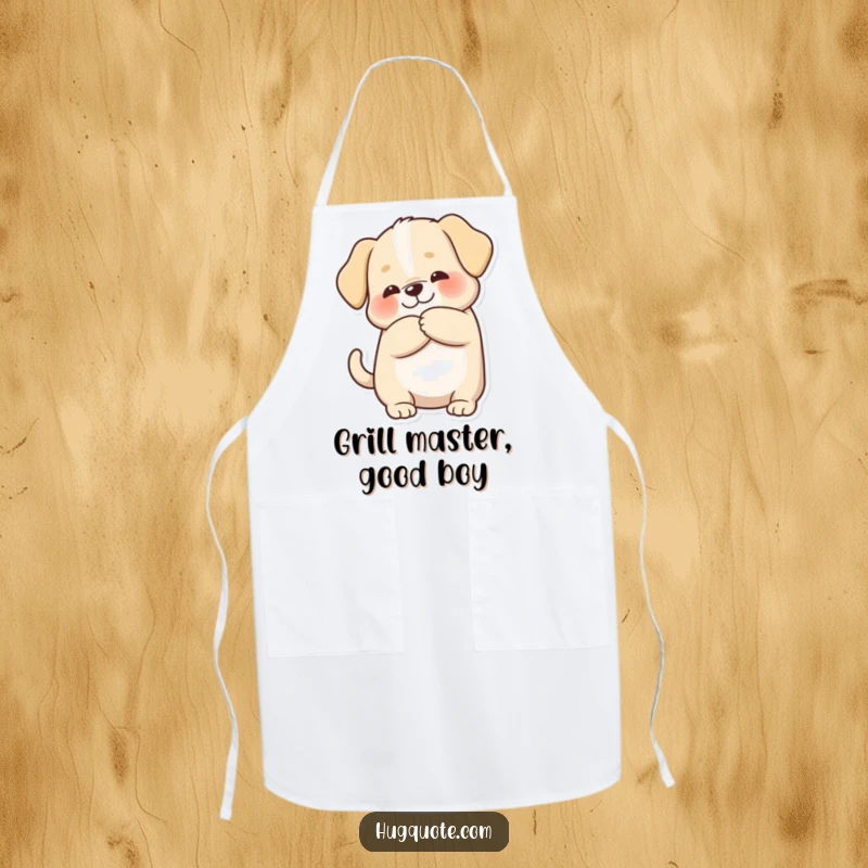 Funny apron showcasing a chubby puppy character wagging its tail enthusiastically during a hug, perfect for kitchen fun.