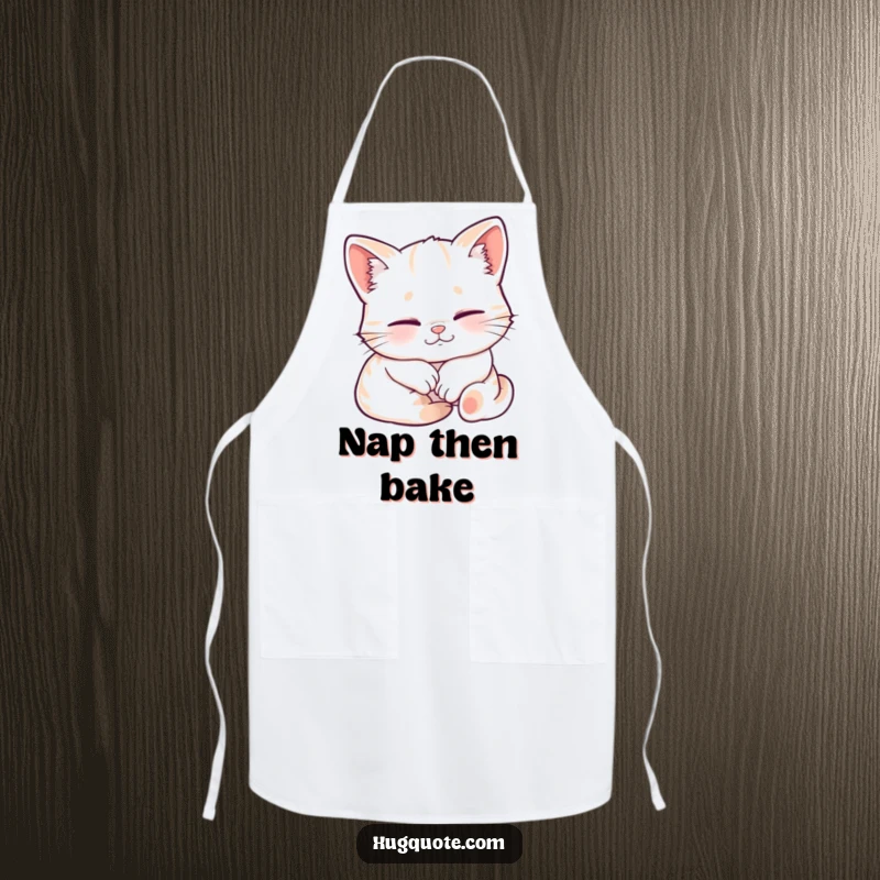 Funny apron showcasing a sleepy kitten character smiling contentedly while being embraced, perfect for comfortable kitchen wear.
