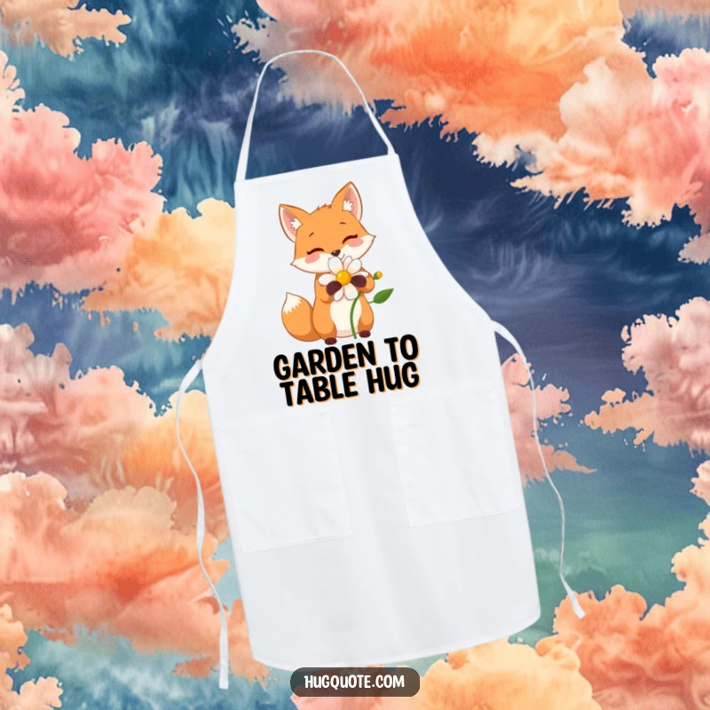 Funny apron featuring a small fox character sharing a wide, happy hug with a flower, perfect for charming cooks.