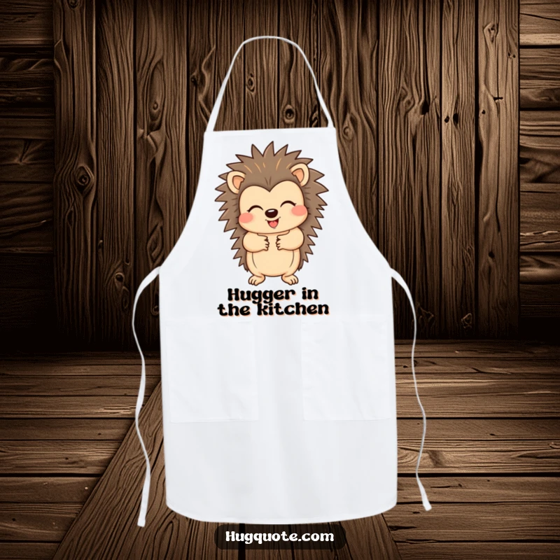 Funny apron showcasing a cheerful hedgehog character ready to offer a comforting hug, adding warmth and humor to the kitchen.