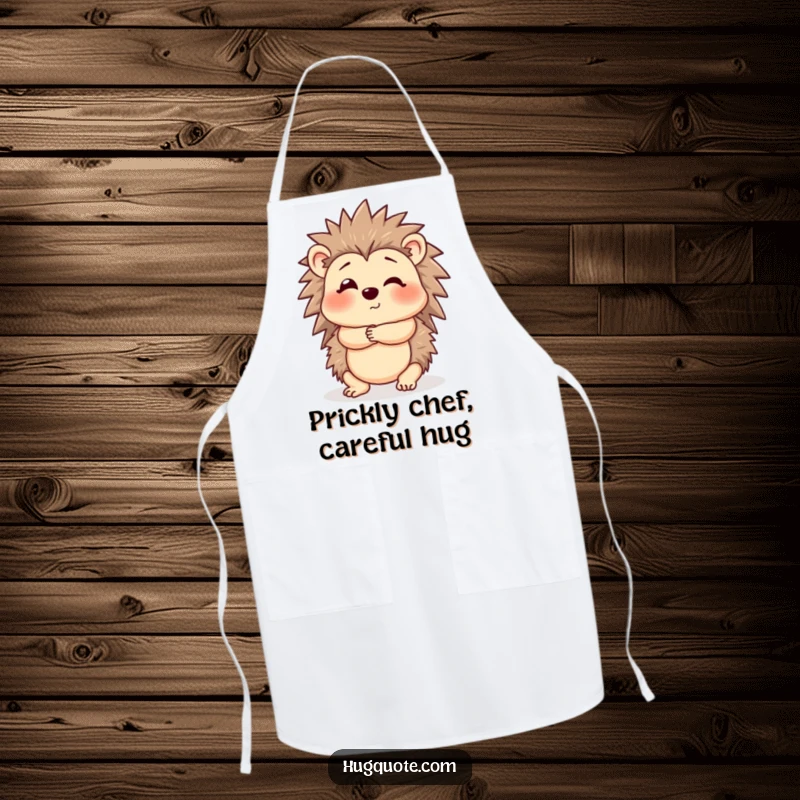 Funny Hedgehog Apron featuring a cute hedgehog with a gentle, cautious hug, ideal for kitchen wear and gifting.