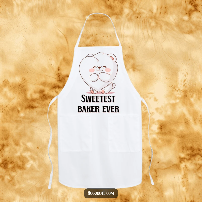Funny apron with a fluffy bear character joyfully hugging a giant marshmallow heart, perfect for charming cooks.