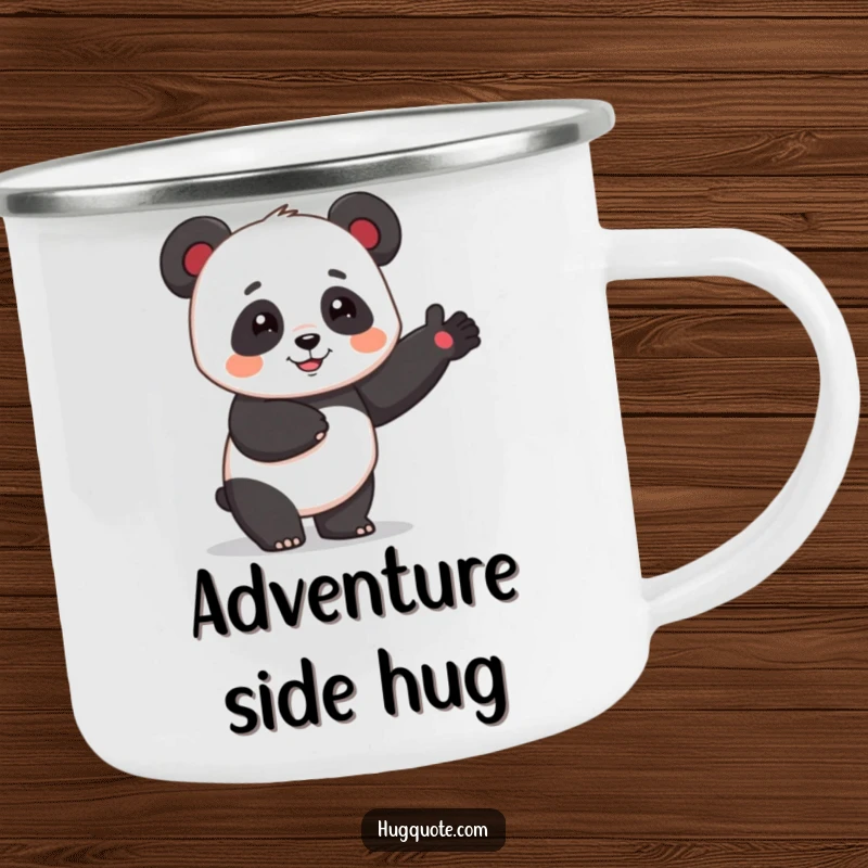 Funny panda character offering a friendly one-armed hug on a durable camping mug, blending cartoon warmth with adventure.