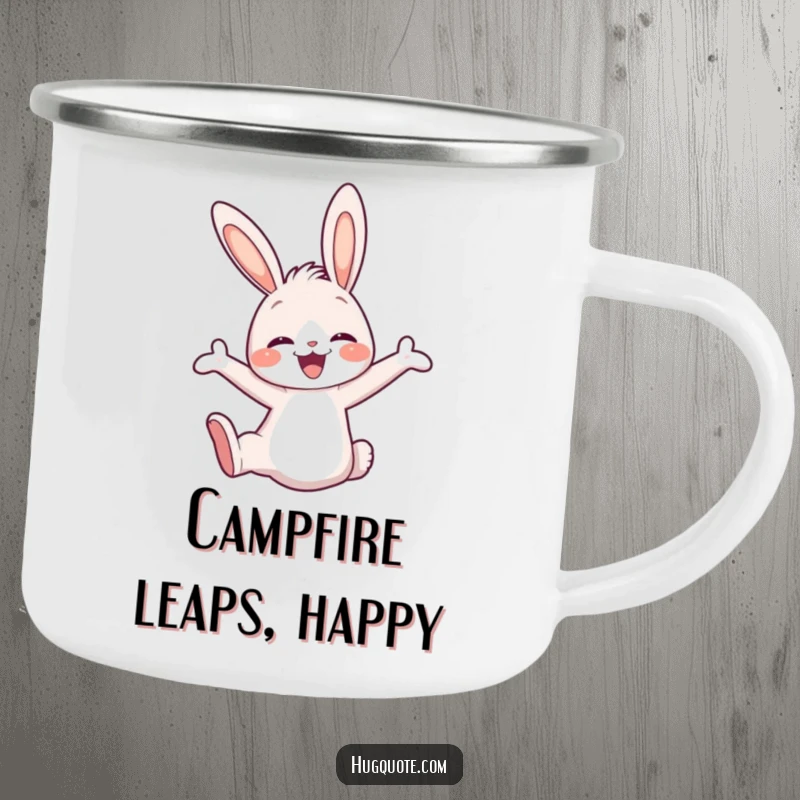 Funny camping mug with a cute bunny character joyfully leaping into an embrace, perfect for enjoying drinks in the great outdoors.