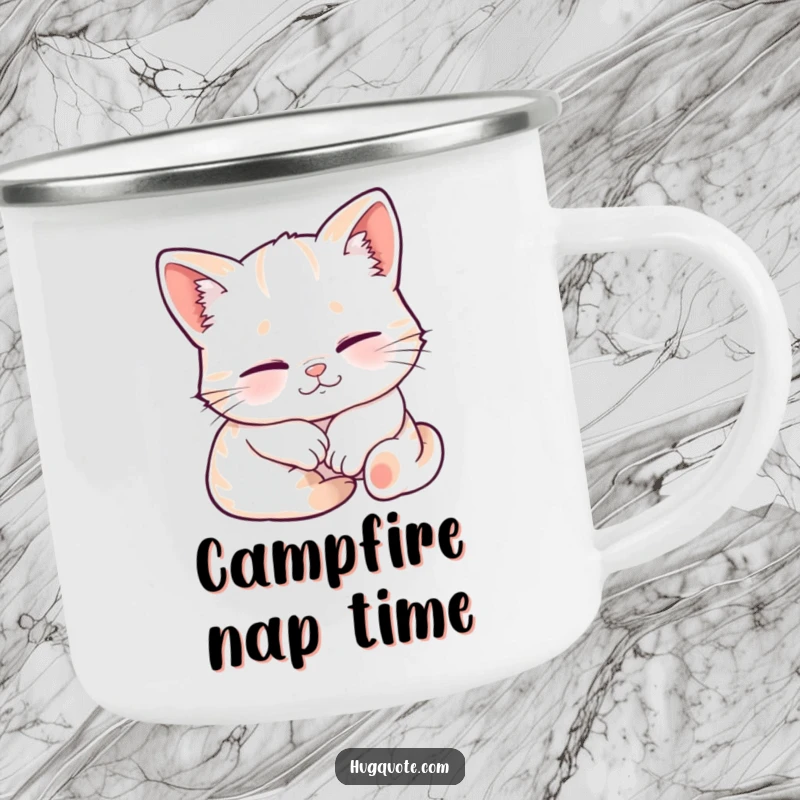 Funny camping mug featuring a sleepy kitten character smiling contentedly while being embraced, perfect for cozy outdoor enjoyment.