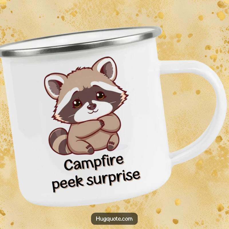 Funny Raccoon Camping Mug showing a curious raccoon peeking from behind a hug, great for outdoor use and gifting.