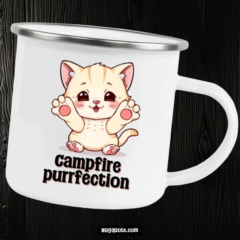 Funny camping mug with a playful kitten character reaching out with paws, for outdoor fun and hugs.