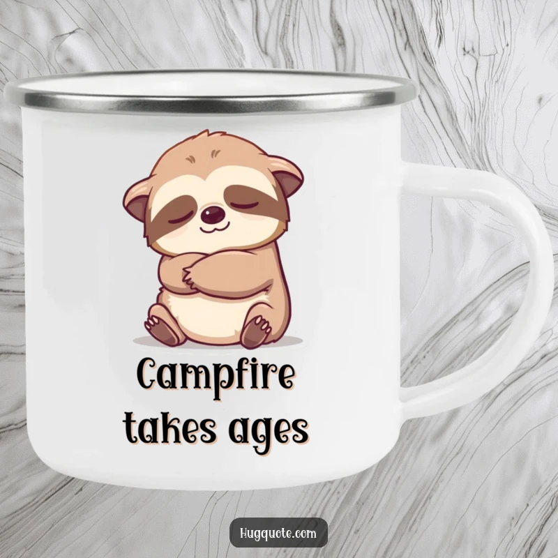Funny sloth character slowly embracing a camping mug, combining cartoon relaxation with outdoor durability.