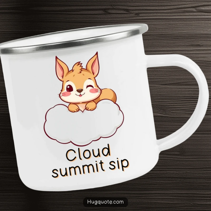 Funny squirrel camping mug with a curious character peeking from a hug-shaped cloud, perfect for enjoying drinks during outdoor adventures.