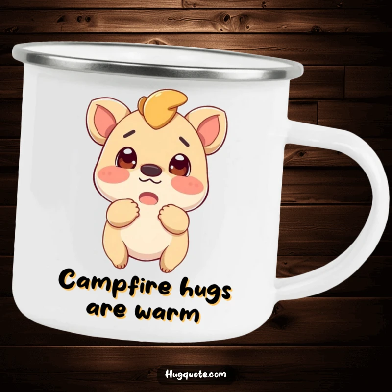 Funny camping mug featuring an excited creature ready to give a hug, perfect for bringing warmth and cheer to outdoor trips.