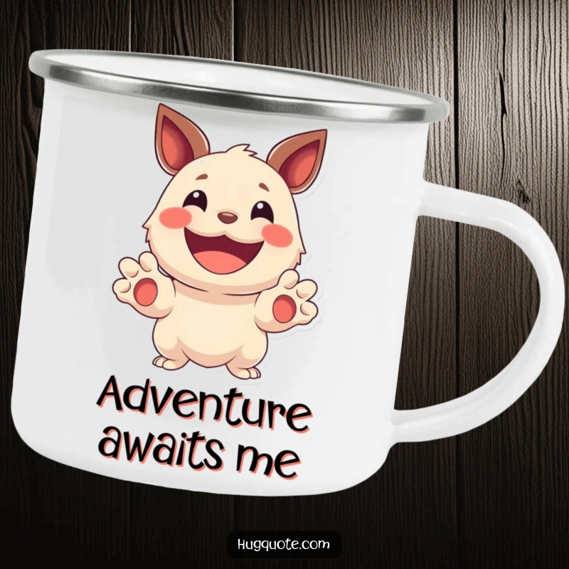 Funny camping mug featuring a smiling creature holding out its paws, designed for outdoor enjoyment and cheerful sips.