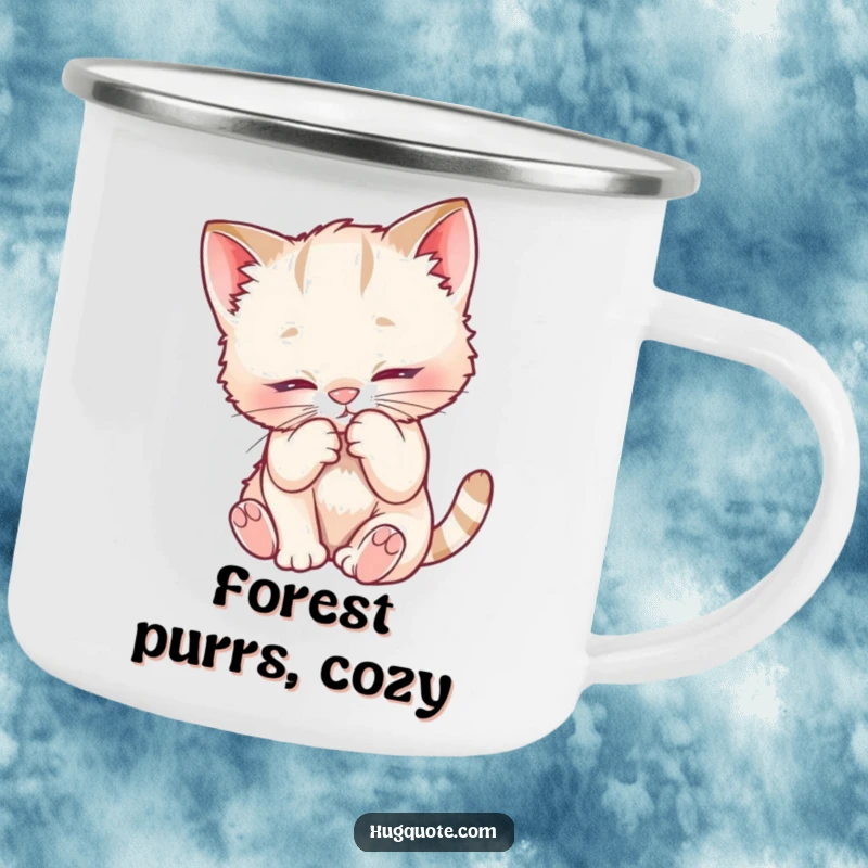 Funny camping mug with a playful kitten nuzzling into a fuzzy chest, perfect for enjoying drinks during outdoor excursions.