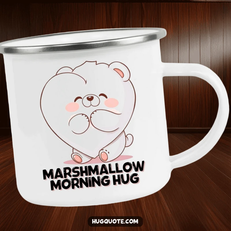 Funny camping mug with a fluffy bear character joyfully hugging a large marshmallow heart, for outdoor humor.