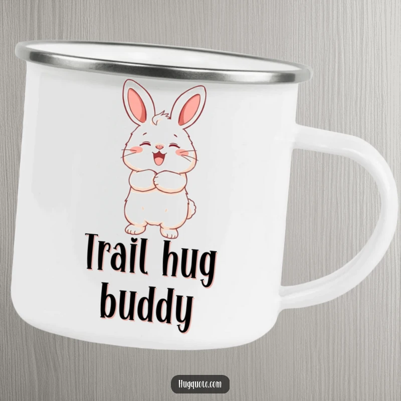 Funny camping mug featuring a fluffy bunny character joyfully hugging an unseen friend, perfect for outdoor coziness and cheer.