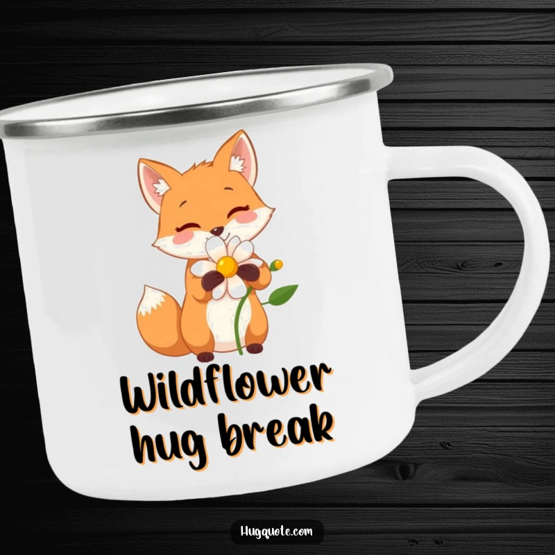 Funny camping mug with a small fox character sharing a wide, happy hug with a flower, for outdoor charm.