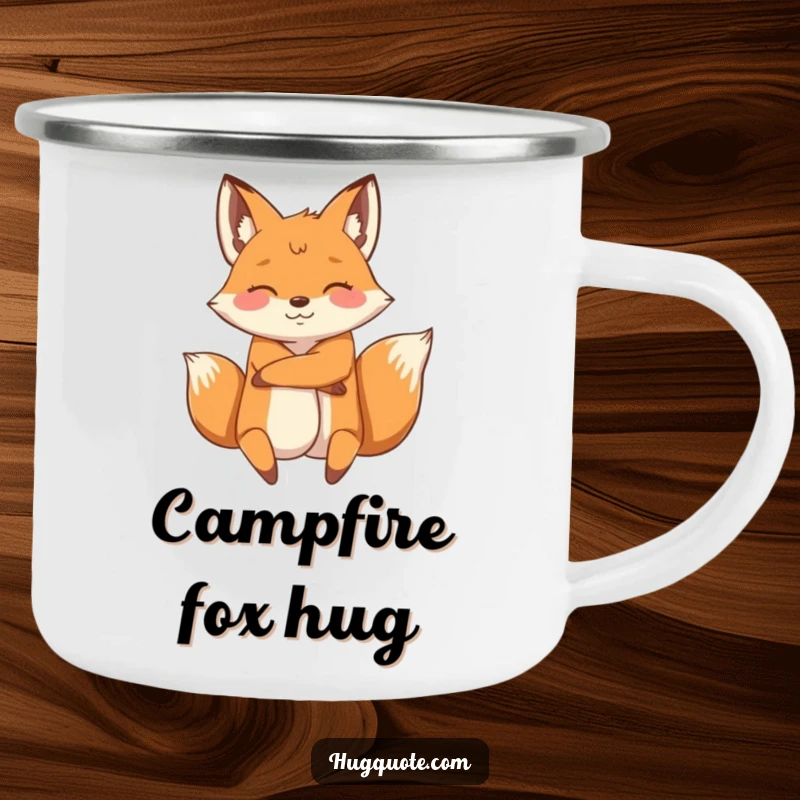 Funny camping mug with an energetic fox character wrapping its arms around another, perfect for enjoying drinks in the great outdoors.