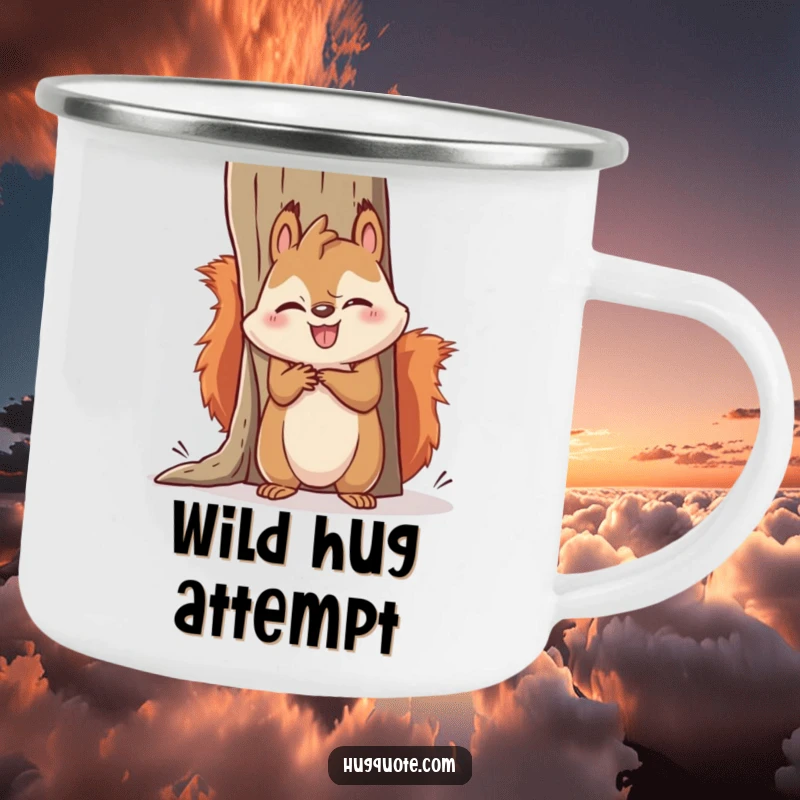 Funny squirrel camping mug showing a kawaii squirrel comically failing to hug a large object during an outdoor adventure, adding humor to any trip.