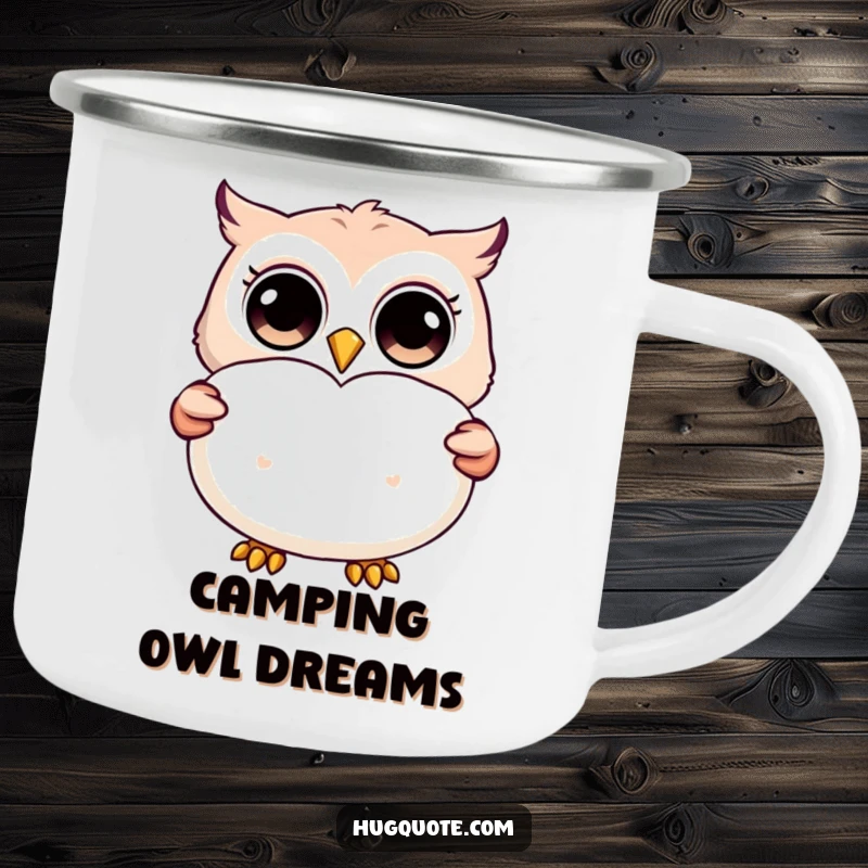 Funny camping mug featuring a happy owl character with wide eyes, presenting a big, fluffy pillow for outdoor comfort.