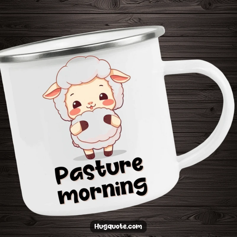 Funny sheep camping mug with a smiling sheep offering a fluffy hug, perfect for enjoying drinks during outdoor adventures with cozy warmth.