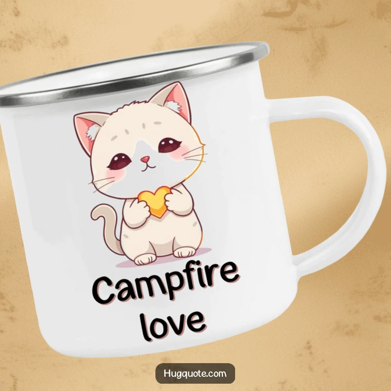 Funny camping mug featuring a shy cat character offering a tiny, glowing heart, perfect for sweet campfires and gentle humor.