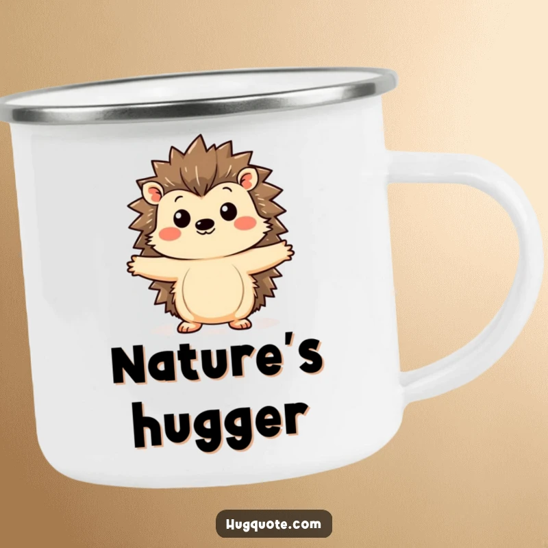 Funny hedgehog camping mug showcasing a kawaii hedgehog curiously extending its arms for a hug, perfect for enjoying drinks on the go with cute humor.