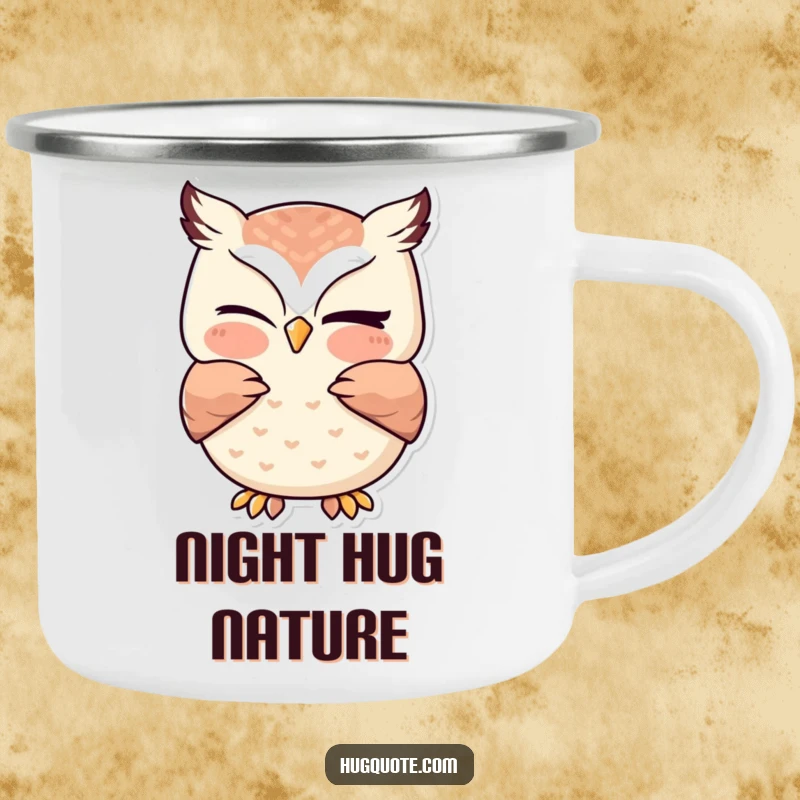 Funny owl camping mug showcasing a kawaii owl giving a gentle hug with a playful wink, perfect for enjoying drinks on the go with cute humor.