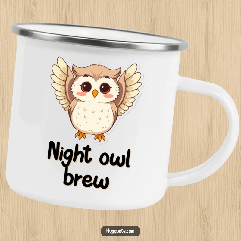 Funny camping mug featuring a curious owl character softly hooting and extending its playful wings, symbolizing night wisdom and gentle humor.