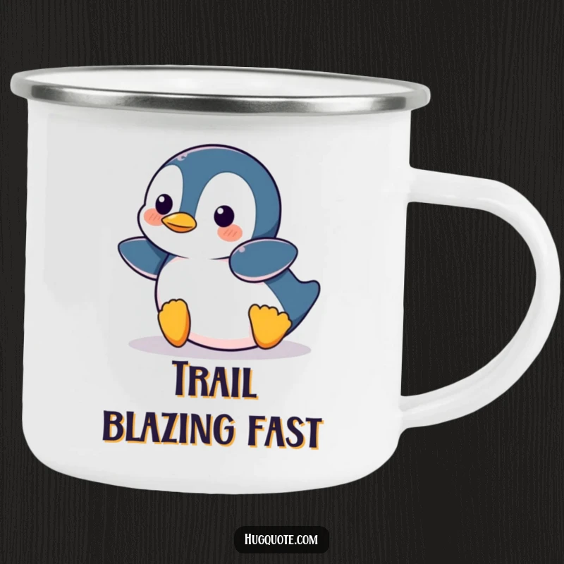 Funny Penguin character belly-sliding across a rugged camping mug, blending cartoon humor with outdoor readiness.