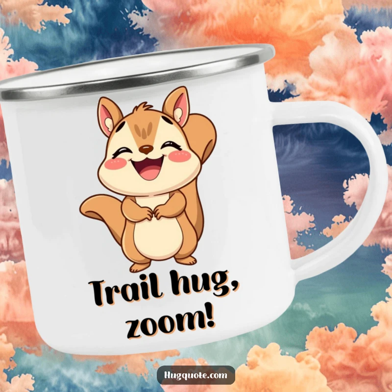 Funny Squirrel Camping Mug showing a grinning squirrel giving a quick, joyful embrace, great for outdoor use and gifting.