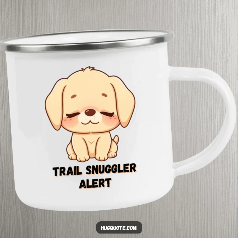 Funny camping mug with a cute puppy character giving a loving nuzzle with eyes closed, for outdoor cuddles.