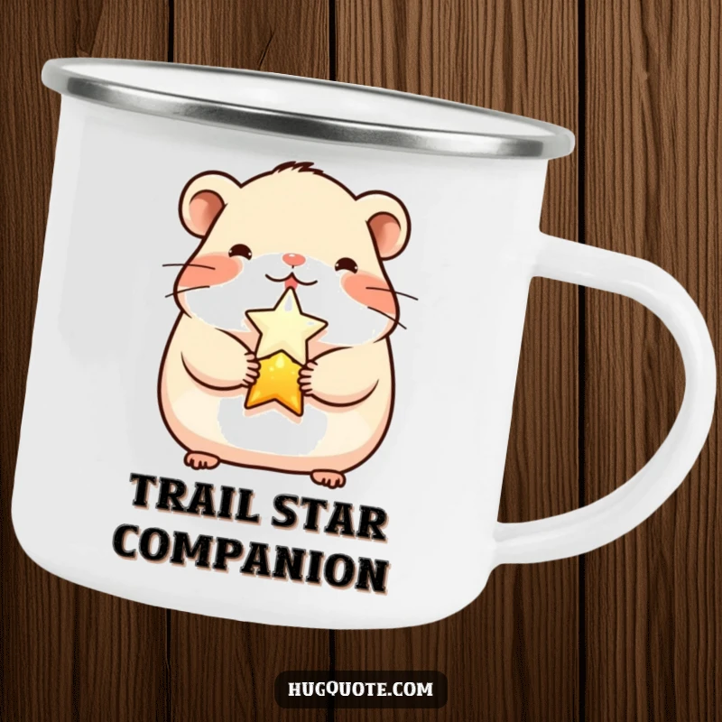 Funny cheerful hamster character hugging a shining star on an enamel camping mug, perfect for outdoor enjoyment.