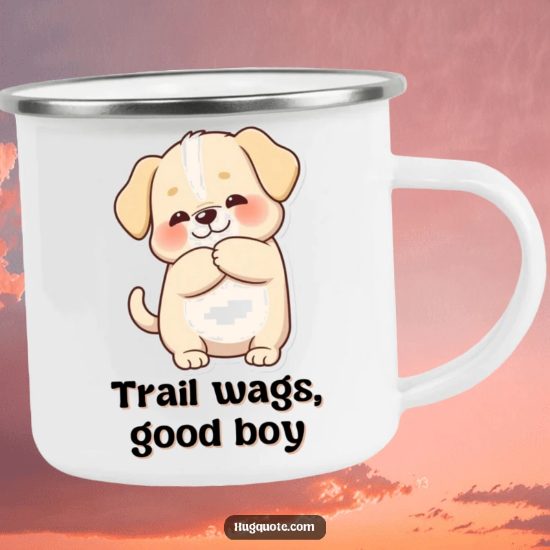 Funny camping mug with a chubby puppy character wagging its tail during a hug, perfect for enjoying drinks in the great outdoors.